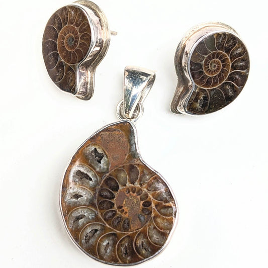 Ammonite Pendant and Earrings