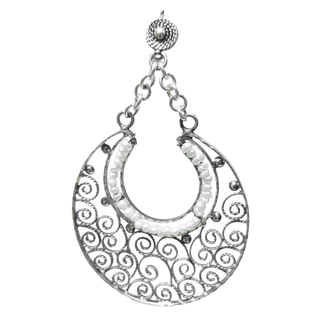 Frida Kahlo Style Sterling Silver Large Filigree Flat Hoop Earrings with Pearls