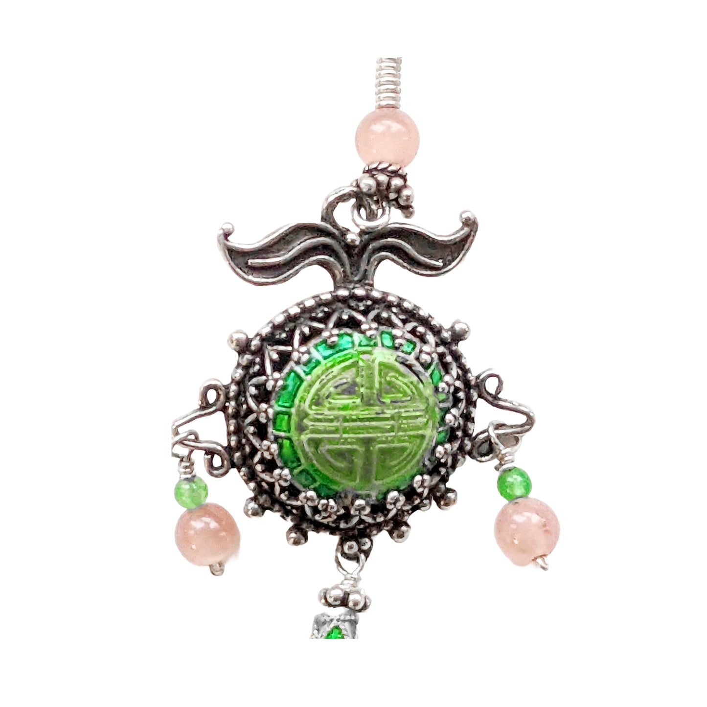 Exotic Sterling Silver, Chinese Enamel & Rosacruzite Chandelair Earrings