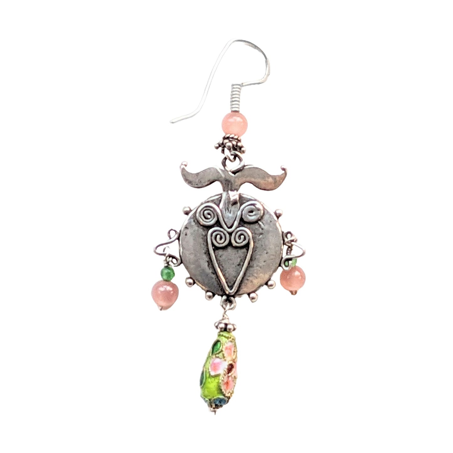 Exotic Sterling Silver, Chinese Enamel & Rosacruzite Chandelair Earrings