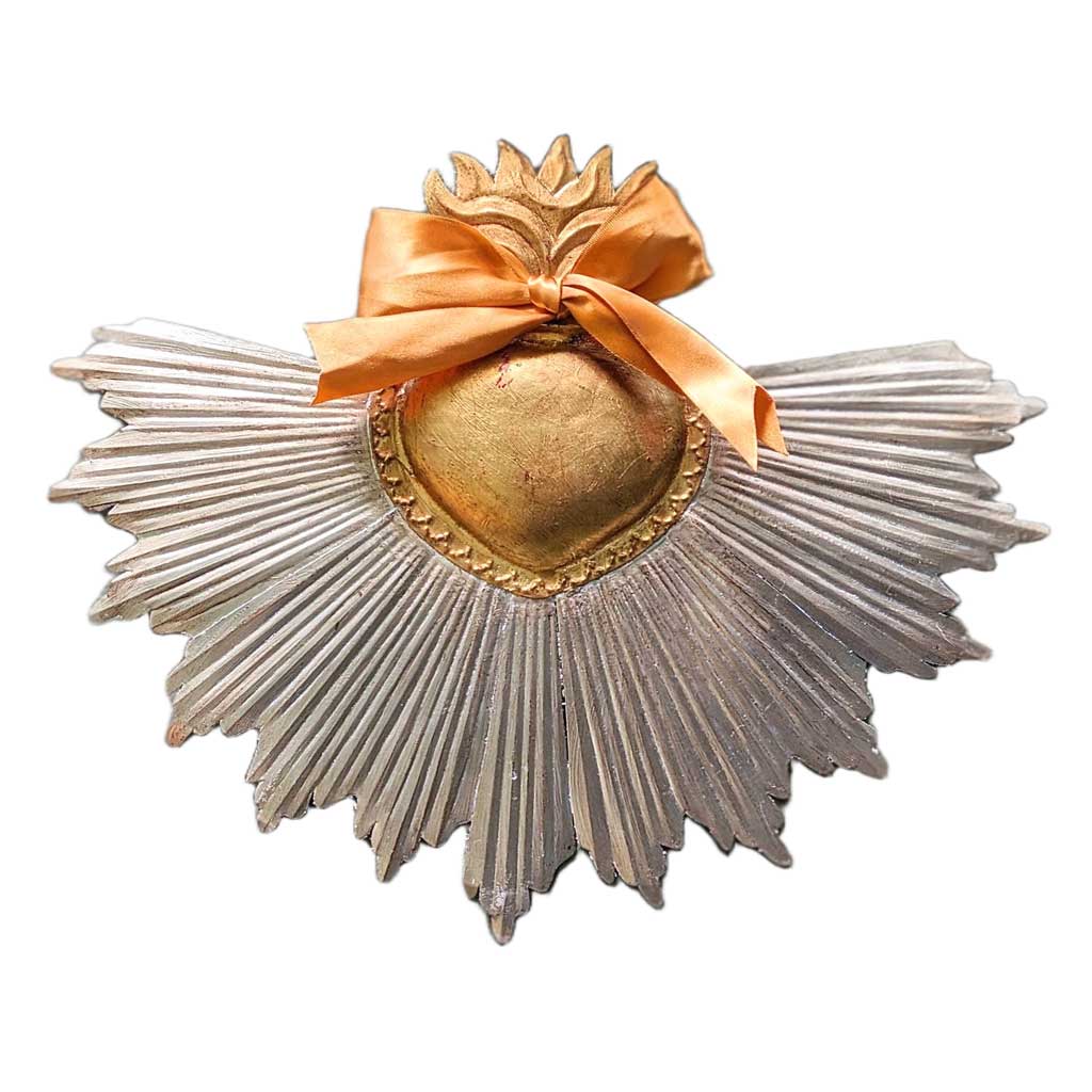 Extra Large Tin Milagro gold and silver Starburst Heart with a Satin Ribbon