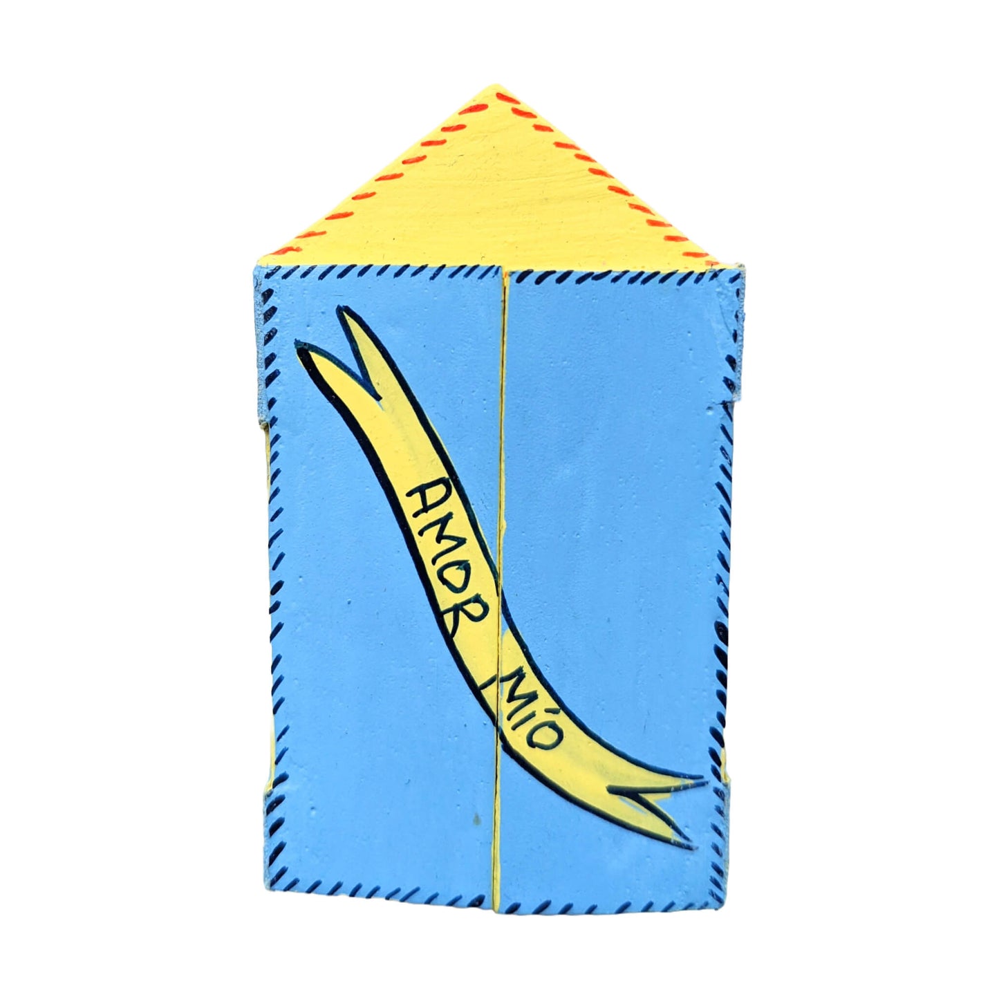 Matchbox Retablo closed with "Amor Mio" written on the outside of the box