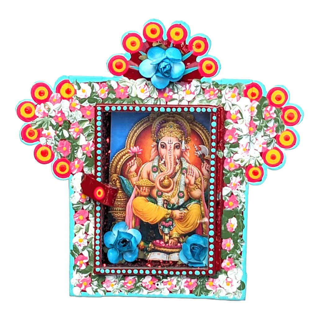 Painted Tin Small Nicho with "Ganesh" Painting by Cielito Lindo Studio