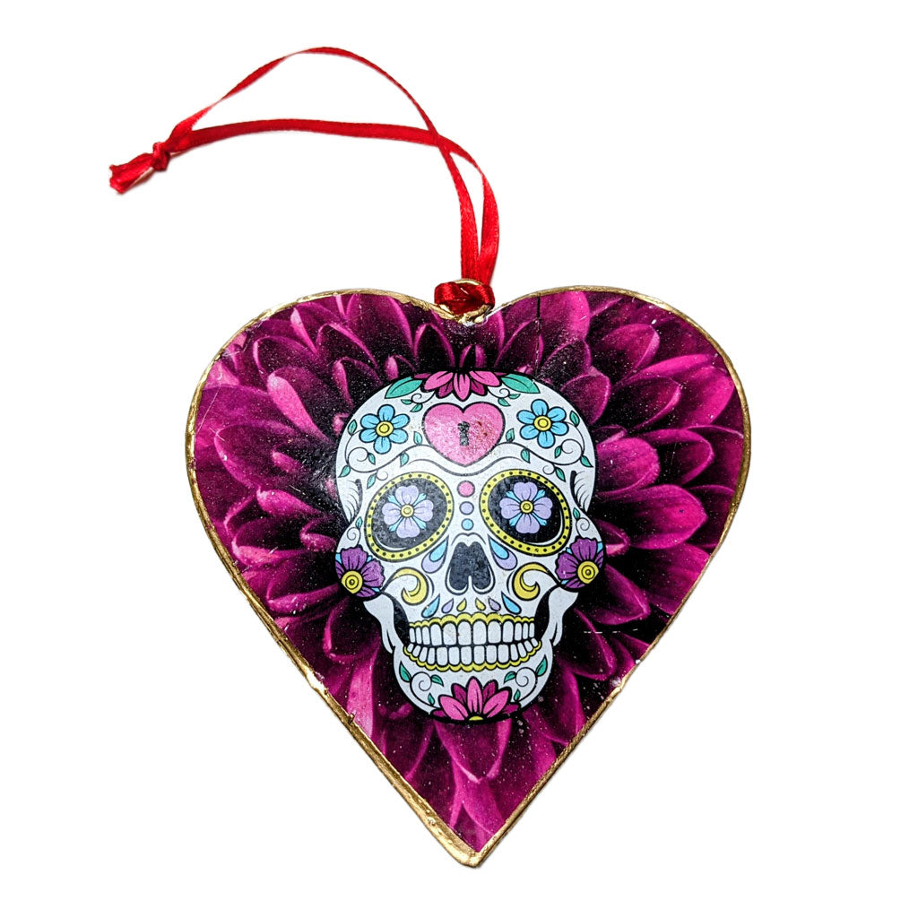 Colorful Sugar Skull Tin Heart Ornament