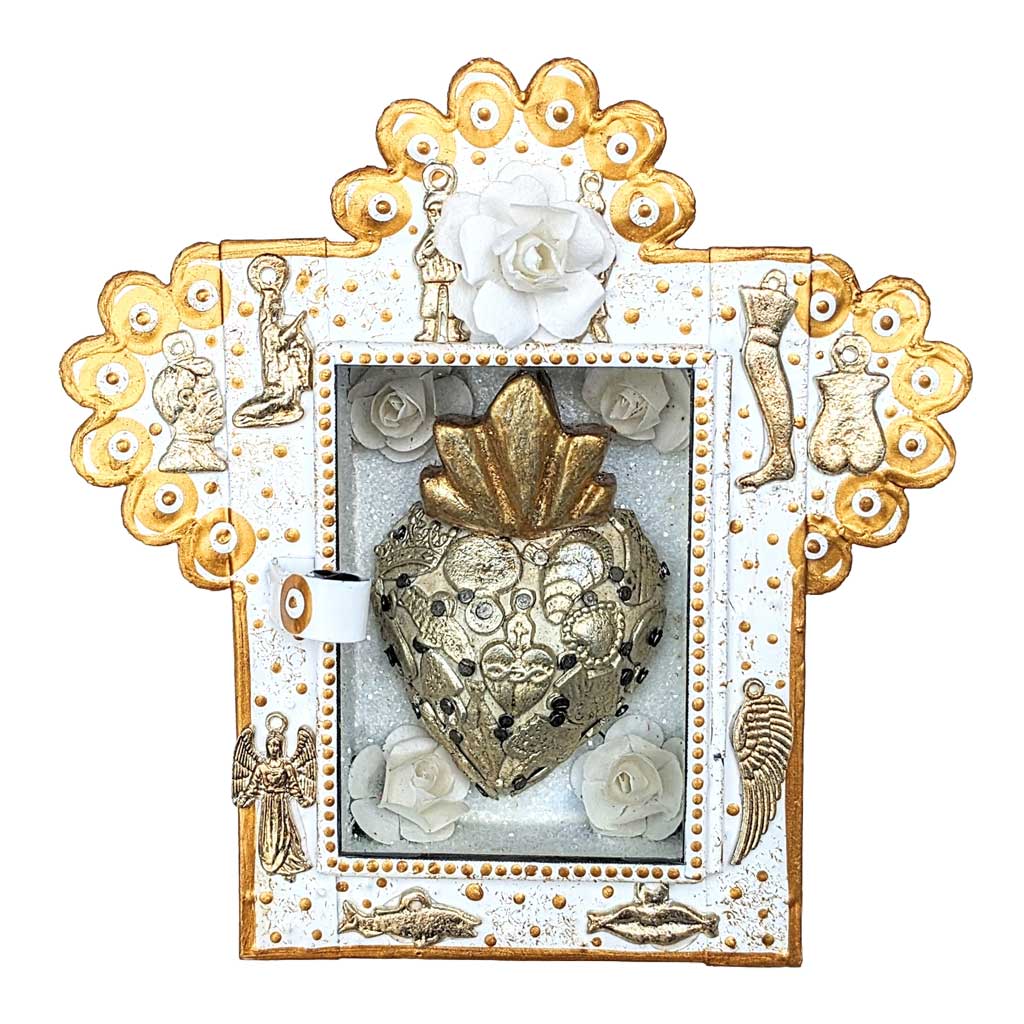 White & Gold Painted Tin Nicho with Wood Milagro Heart by Cielito Lindo Studio