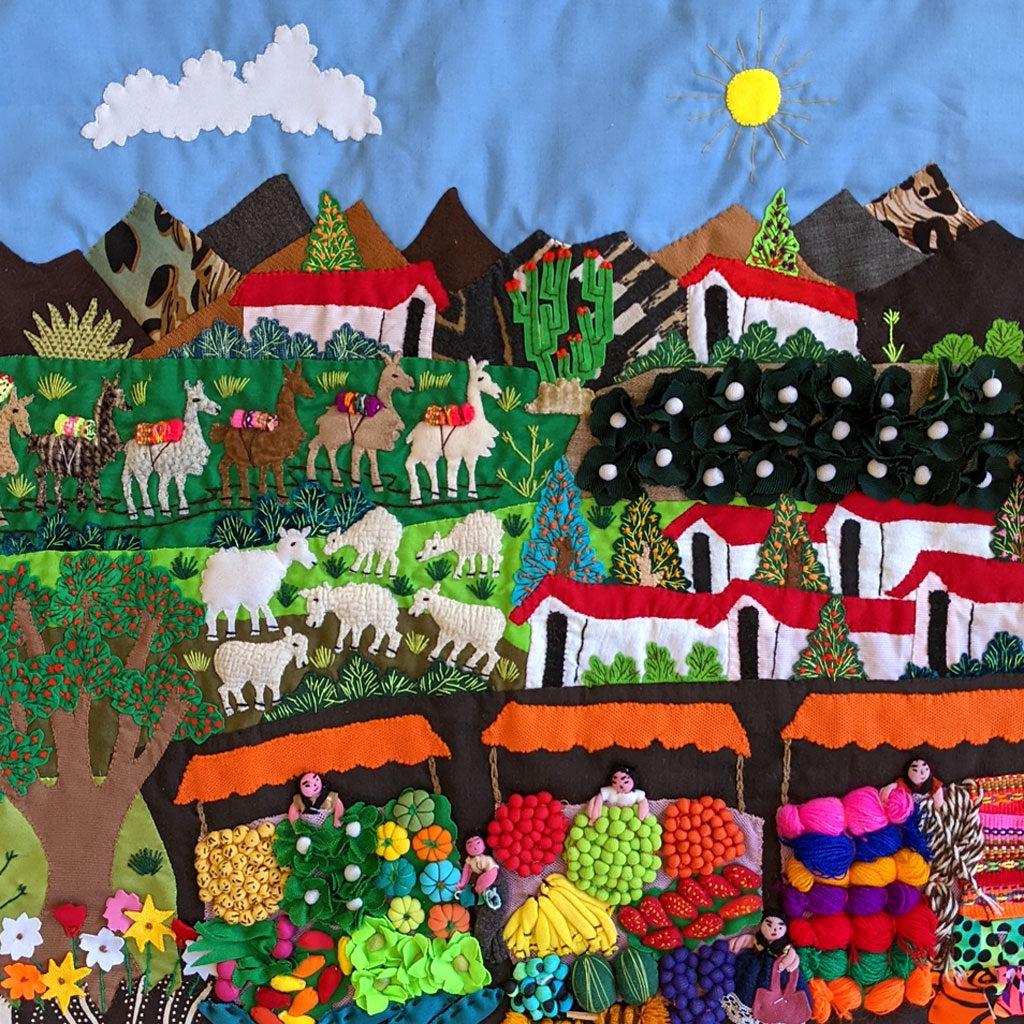 Sweet Mountain Market Scene Arpillera from Peru