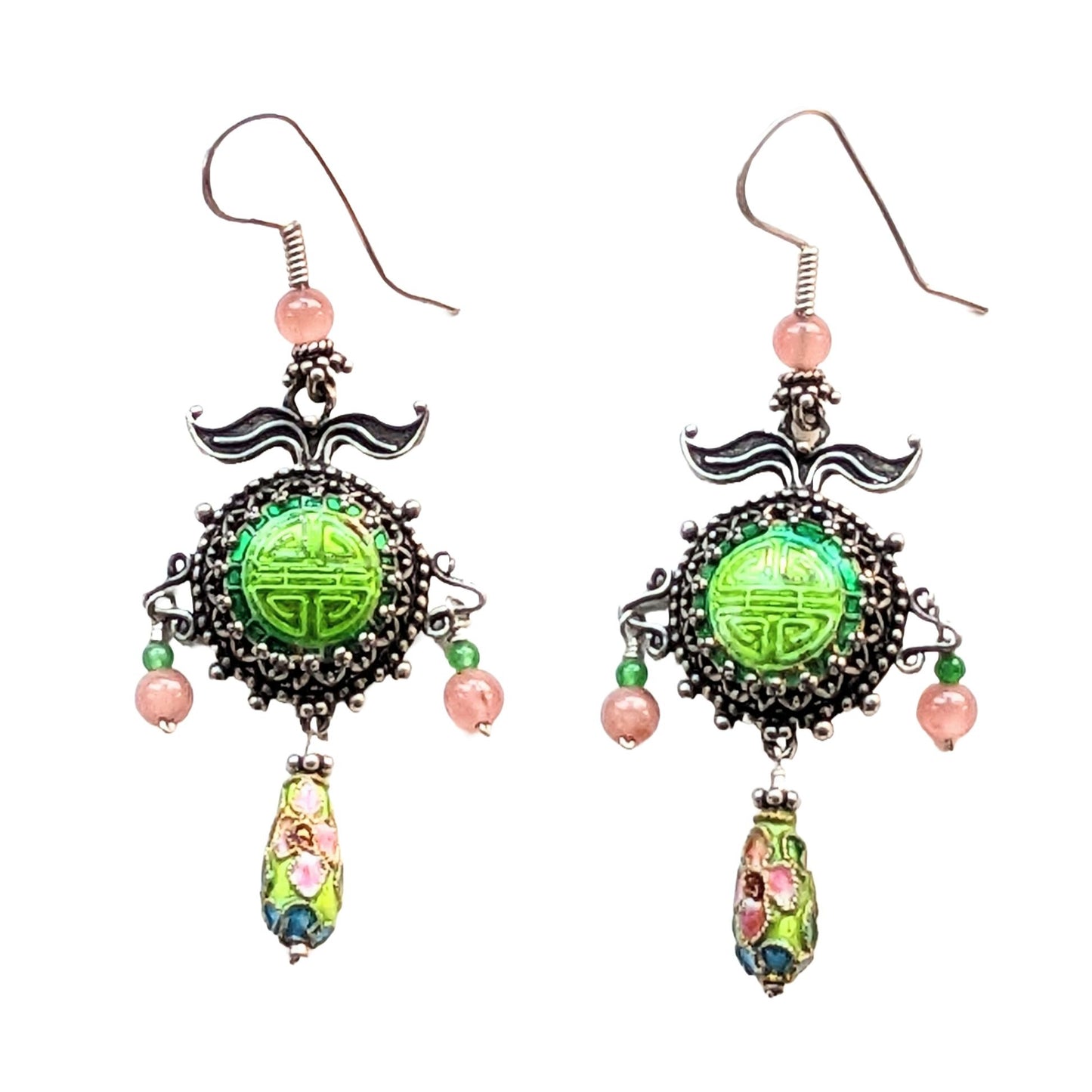 Sterling Silver, Chinese Enamel & Rosacruzite Chandelair Earrings