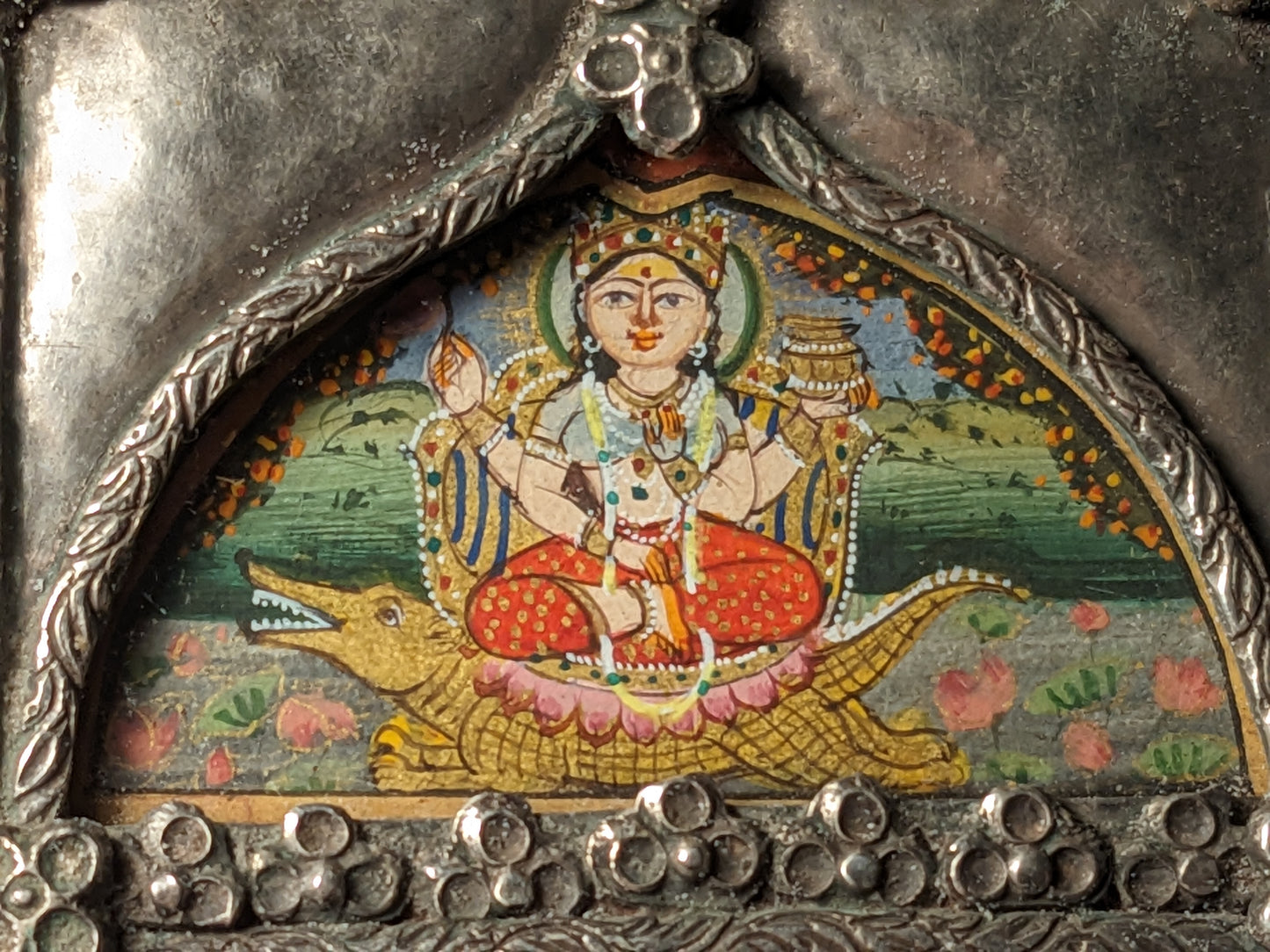 Antique Indian Silver Pendant with Goddess Ganga Image