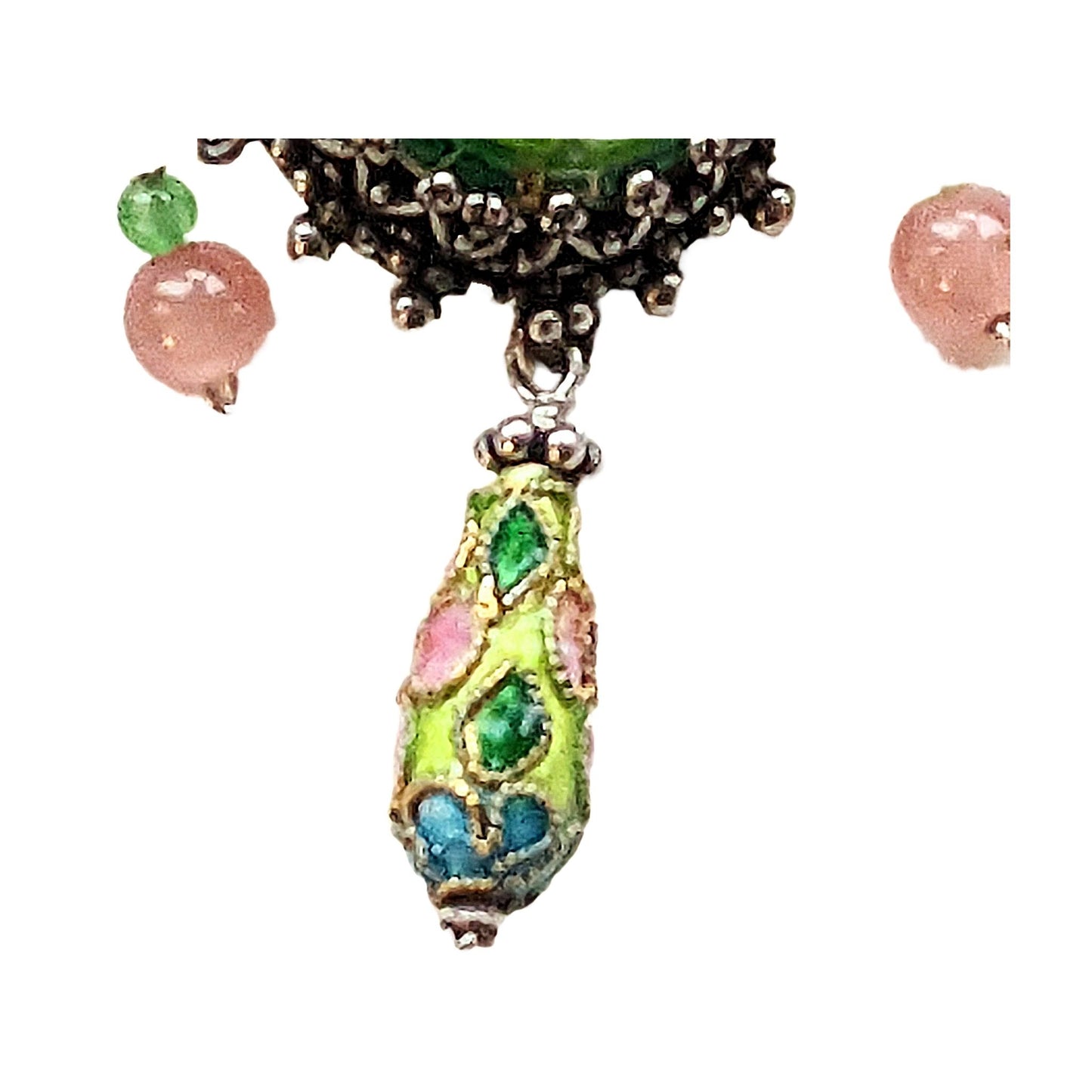 Exotic Sterling Silver, Chinese Enamel & Rosacruzite Chandelair Earrings