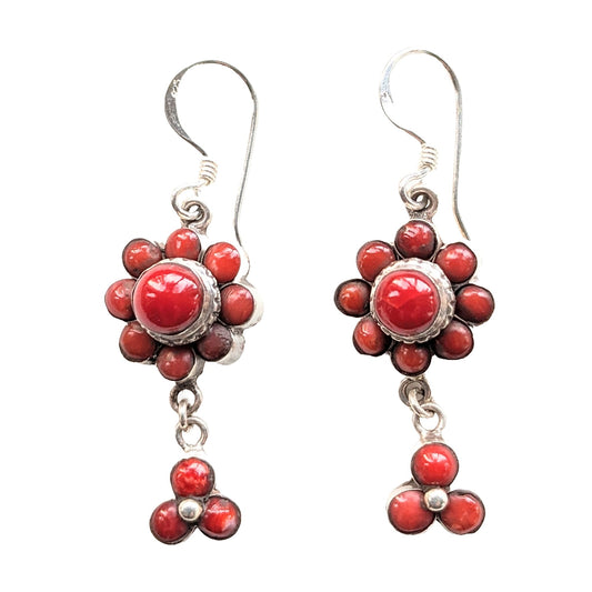 Tibetan red coral and sterling silver dangle earrings