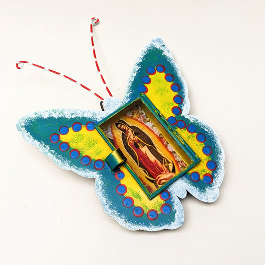 Painted tin butterfly nicho with Guadalupe
