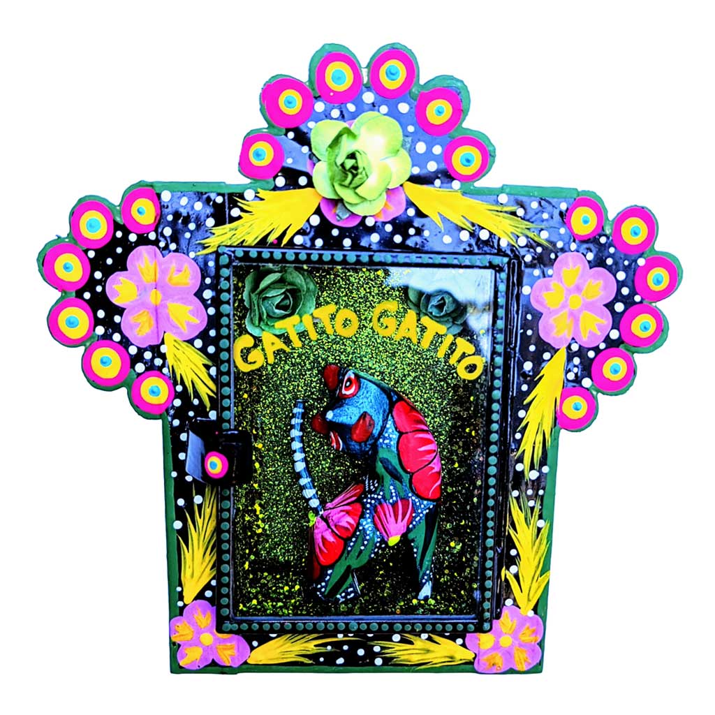 Painted Tin Nicho "Gatito" with LittleFloral Cat Alebrije by Cielito Lindo Studio