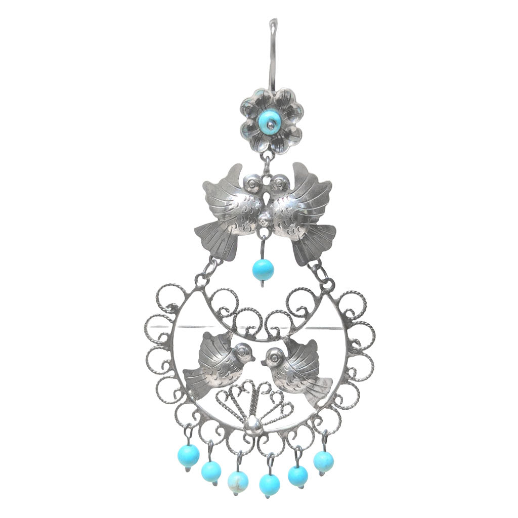 Frida Kahlo Traditional Style Bird Earrings with Turquoise Dangles