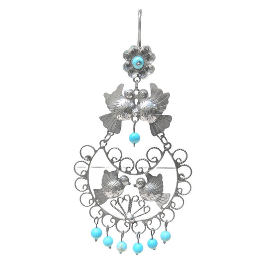 Frida Kahlo Traditional Style Bird Earrings with Turquoise Dangles