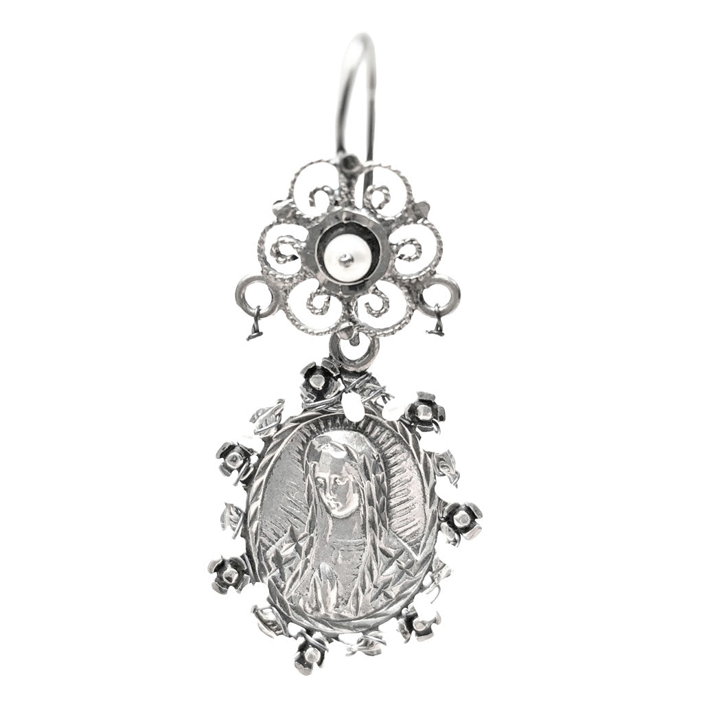 Sterling Silver & Pearl Virgin of Guadalupe Dangle Earrings