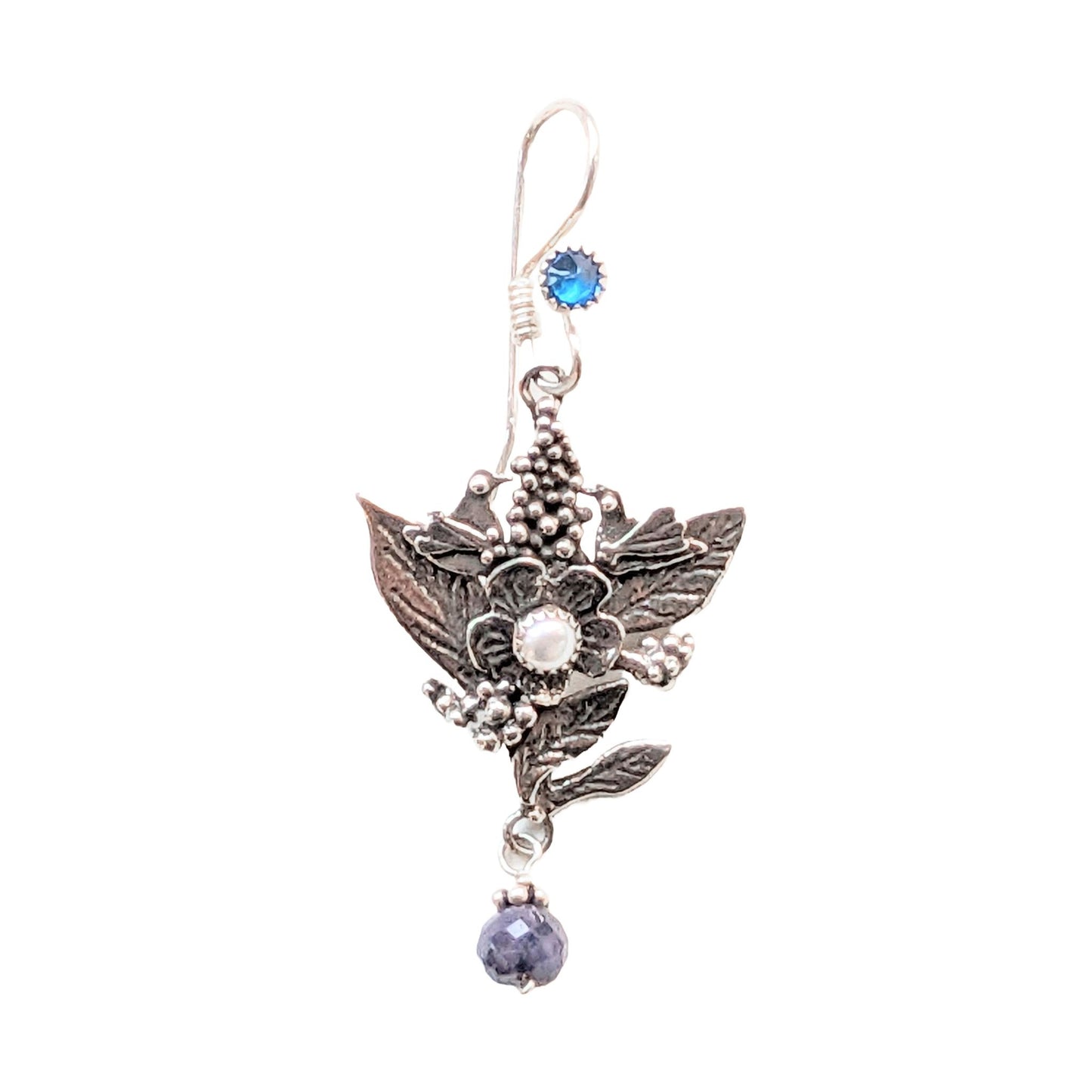 Sterling Silver Flower, Bird, Pearl, Amethyst Dangle Earrings