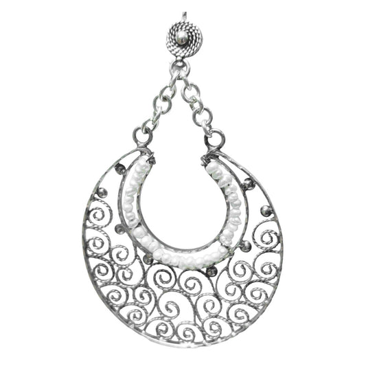 Frida Kahlo Style Sterling Silver Large Filigree Flat Hoop Earrings with Pearls