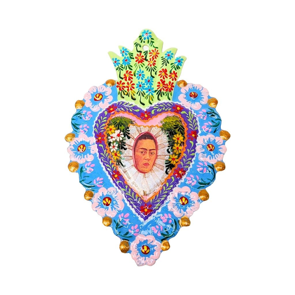 painted tin heart ornament with Frida Kahlo portrait