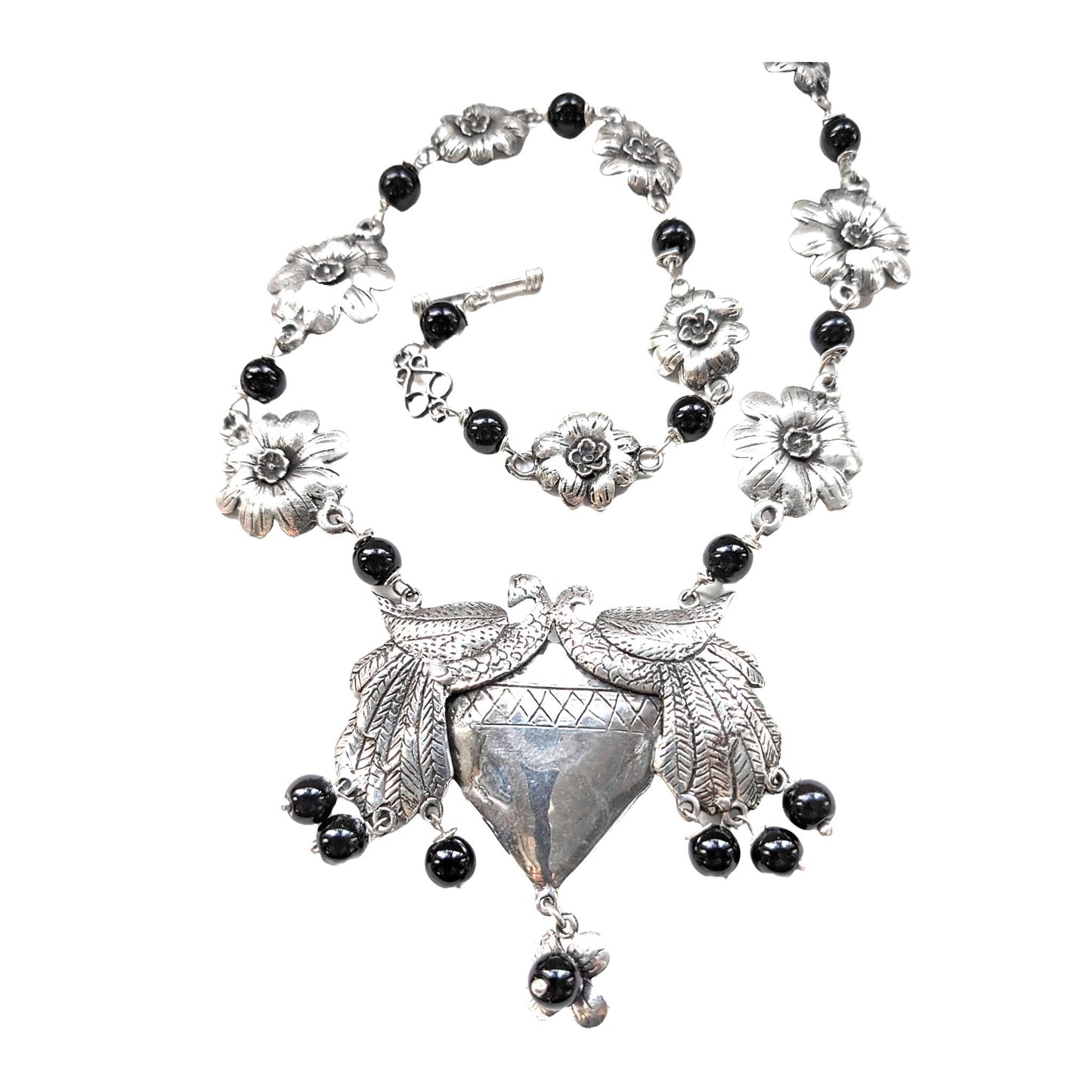 Sterling Silver Heart, Birds and Flower Necklace with Onyx Beads