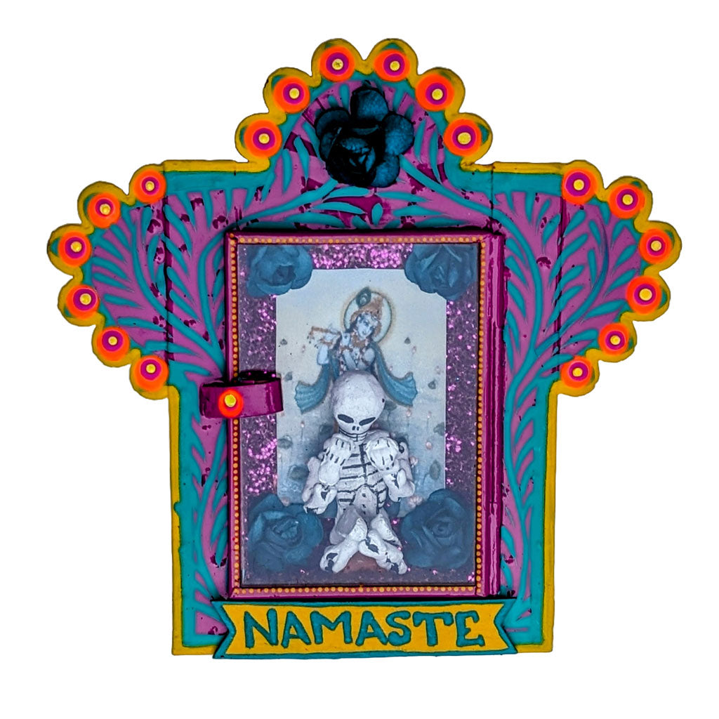 Painted Tin Nicho "Namaste" with Skeleton Figure in a Yoga Pose by Cielito Lindo Studio