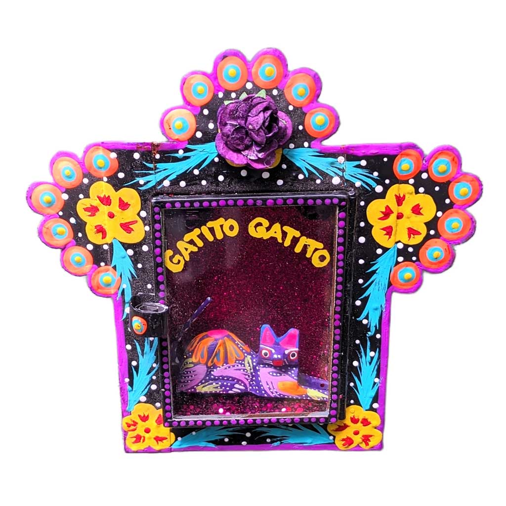Painted Tin Nicho "Gatito" with LittleFloral Cat Alebrije by Cielito Lindo Studio