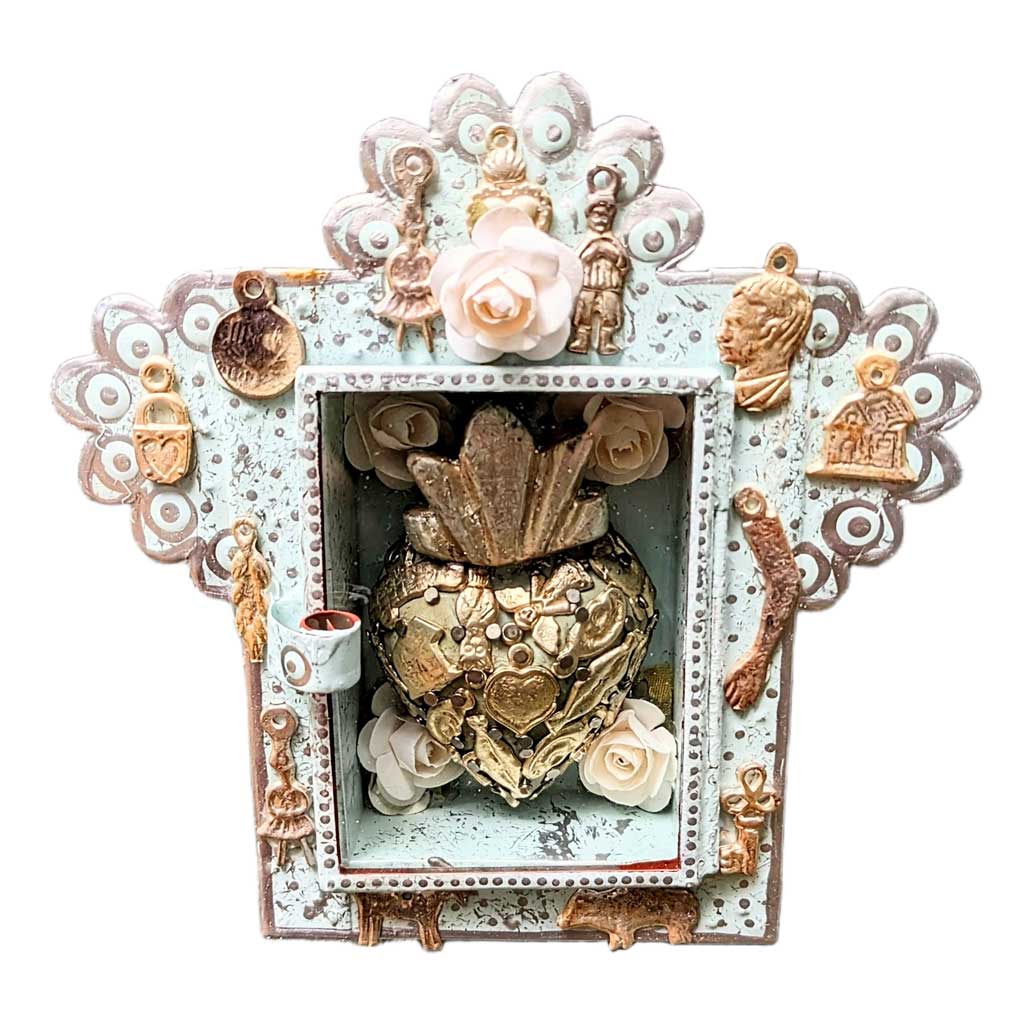 Painted Tin Nicho with  Wood Milagro Heart by Cielito Lindo Studio