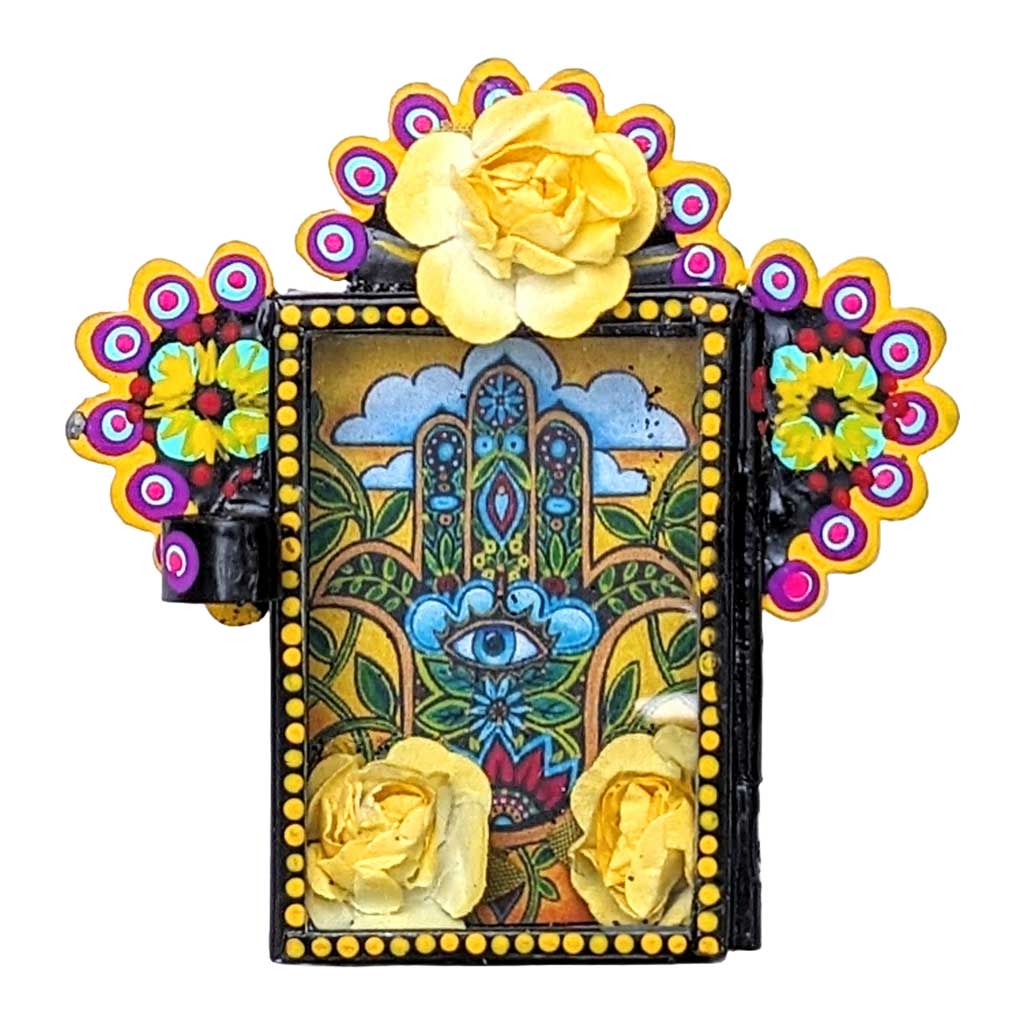 Painted Tin Mini Nicho with "Hamsa" or Sacred Hand Painting by Cielito Lindo Studio