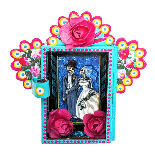 Painted Tin Nicho Wedding Couple with Skeleton Figures by Cielito Lindo Studio