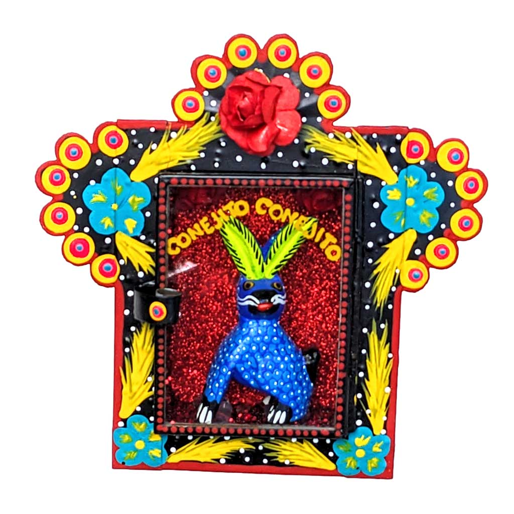 Painted Tin Nicho "Conejito" with Little Blue Rabbit Alebrije by Cielito Lindo Studio