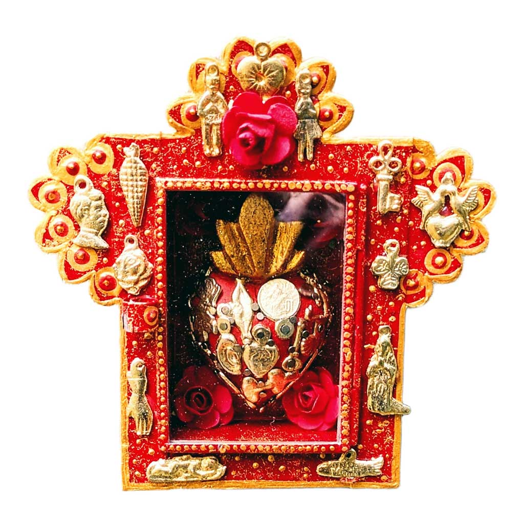 Painted Tin Nicho with  Wood Milagro Heart by Cielito Lindo Studio