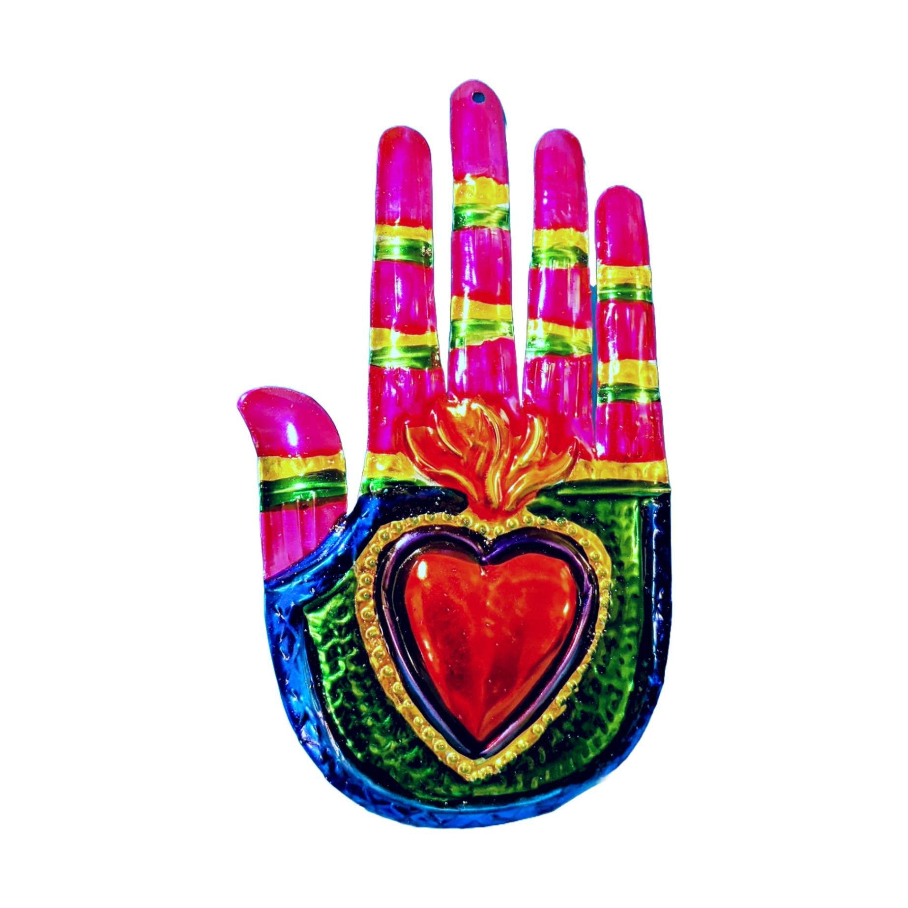 Painted tin Hand with Heart ornament