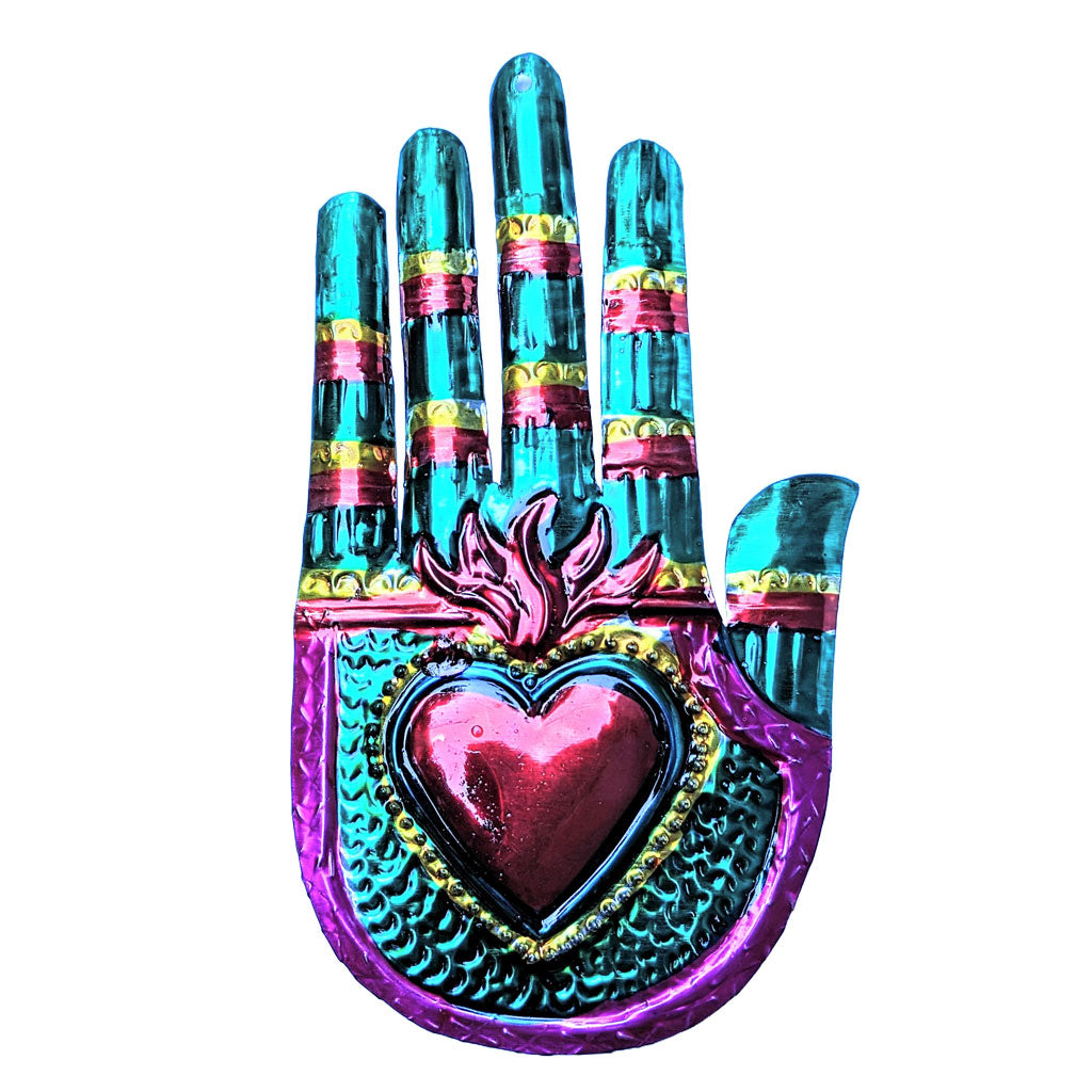 Painted Tin Milagro Hand with Heart Ornament