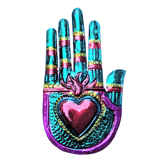 Painted Tin Milagro Hand with Heart Ornament