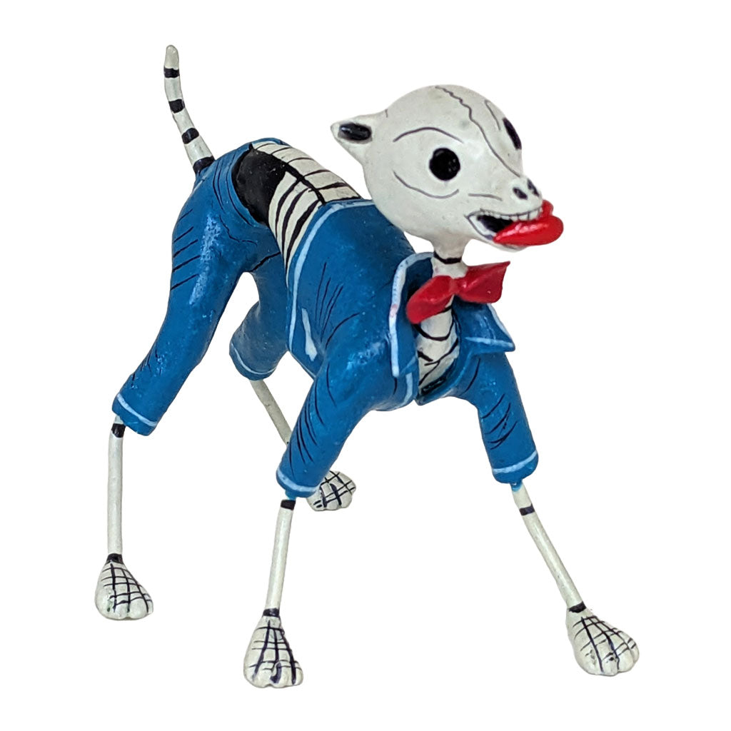 Skeleton Dog Sculpture in blue tuxedo