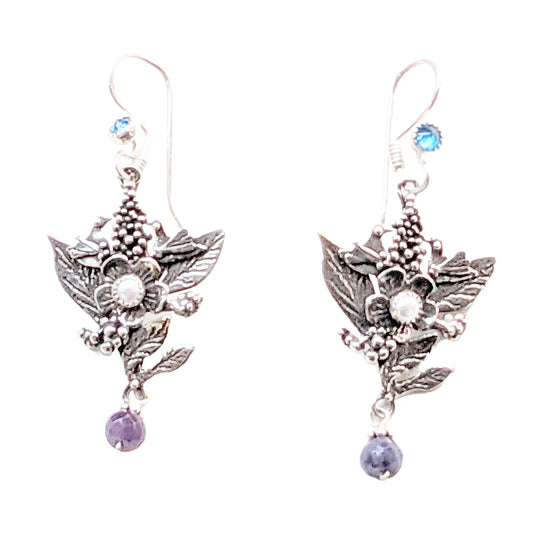 Sterling Silver Flower, Bird, Pearl, Amethyst Dangle Earrings