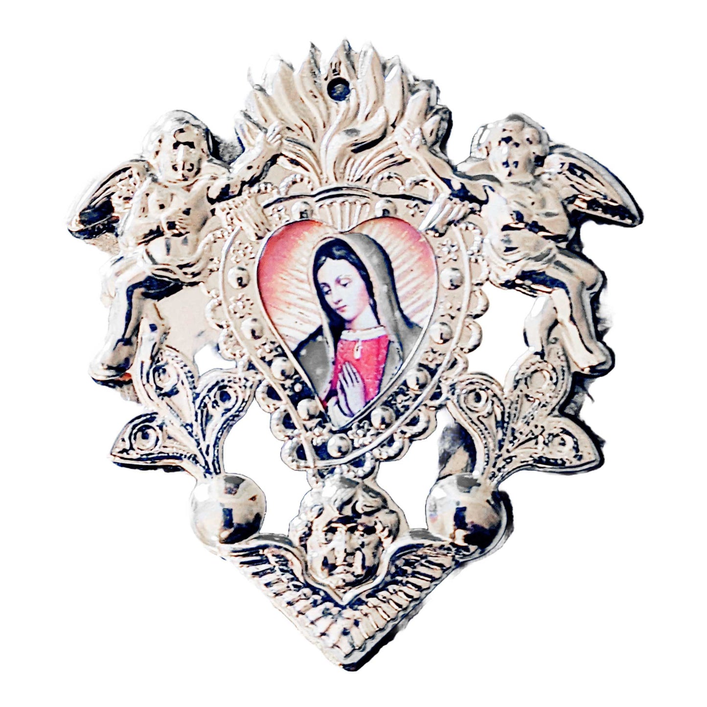 Silver Plated Heart Milagro with Guadalupe Image Surrounded by Angels