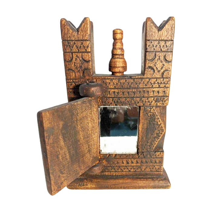 Open Vintage wood Berber kohl container with mirror