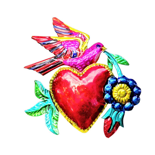 painted tin heart ornament with bird and flower