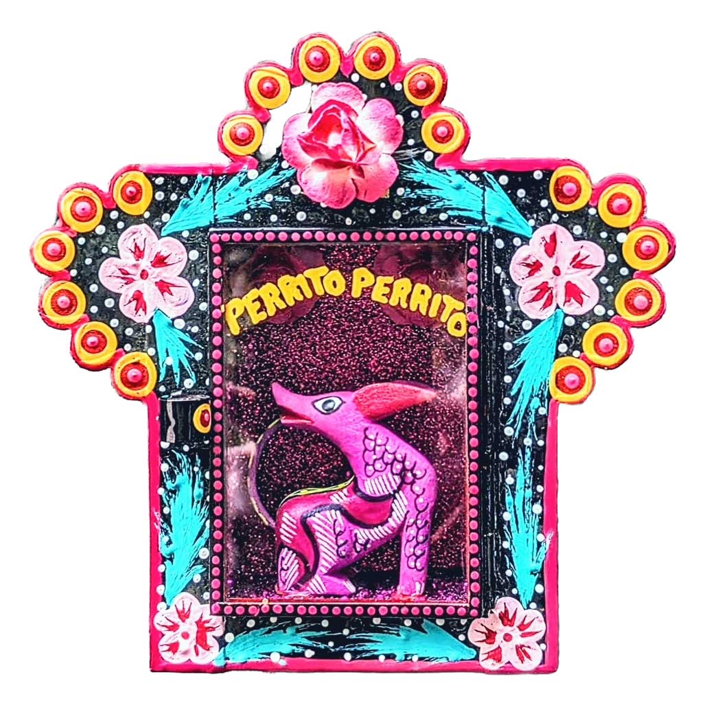 Painted Tin Nicho "Perrito" with Little Pink Dog Alebrije by Cielito Lindo Studio