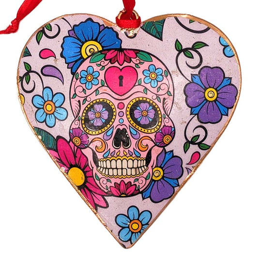 Colorful Sugar Skull Tin Heart Ornament