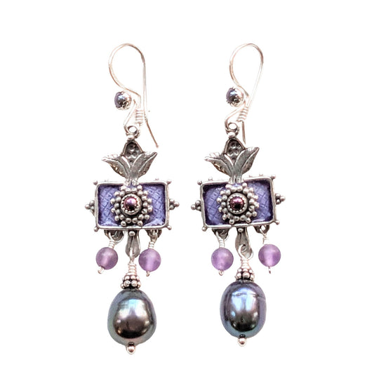 Sterling Silver Pearl & Amethyst Enameled Dangle Earrings