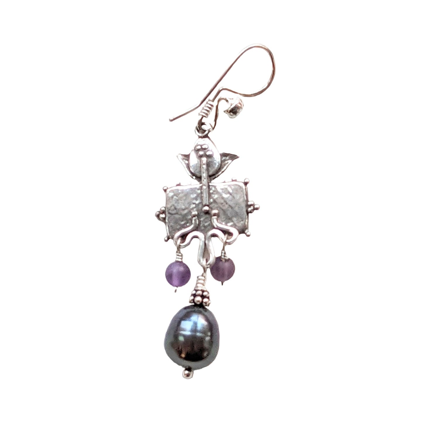 Sterling Silver Heirloom Pearl & Amethyst Enameled Dangle Earrings