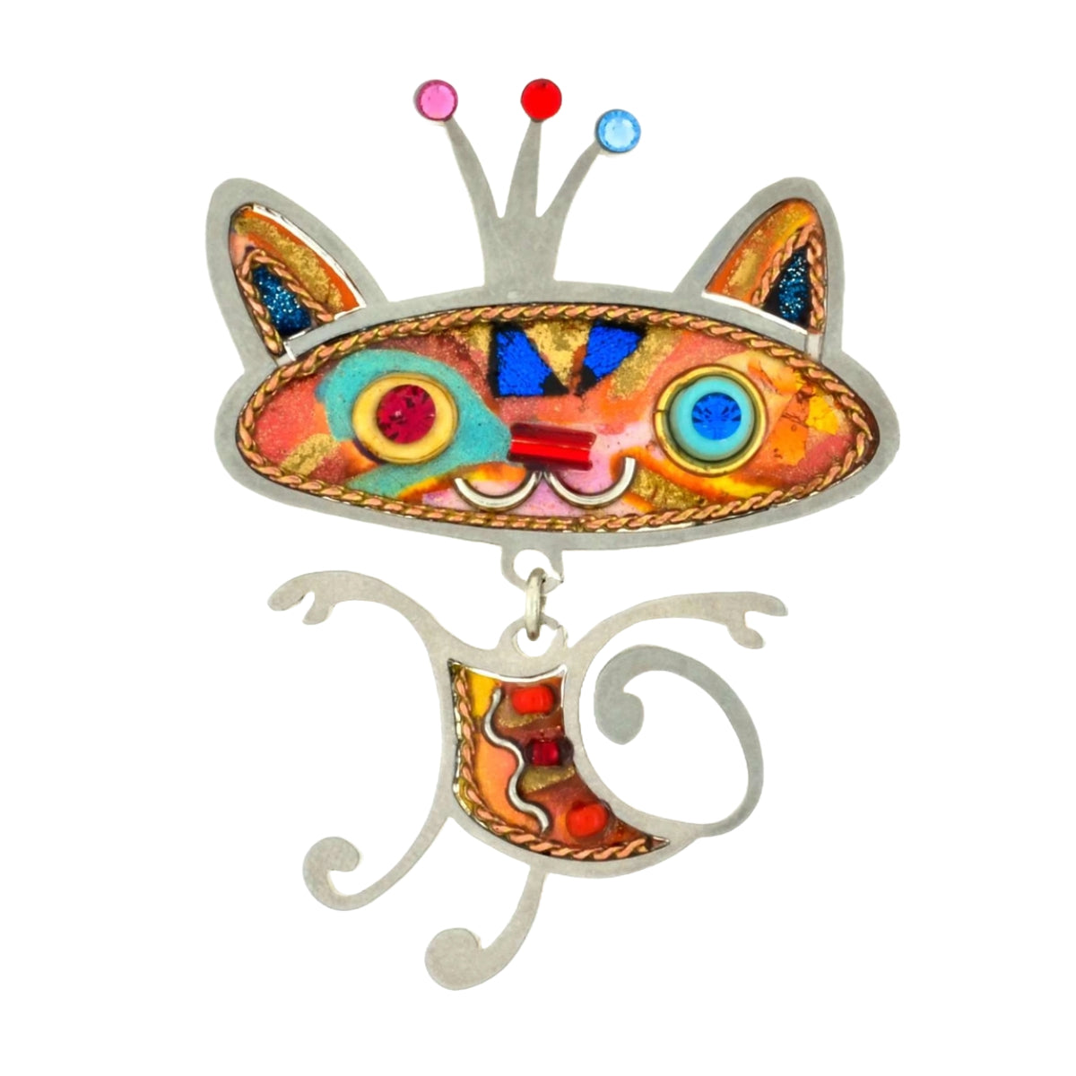 Playful Kitty Cat Brooch with a Crown