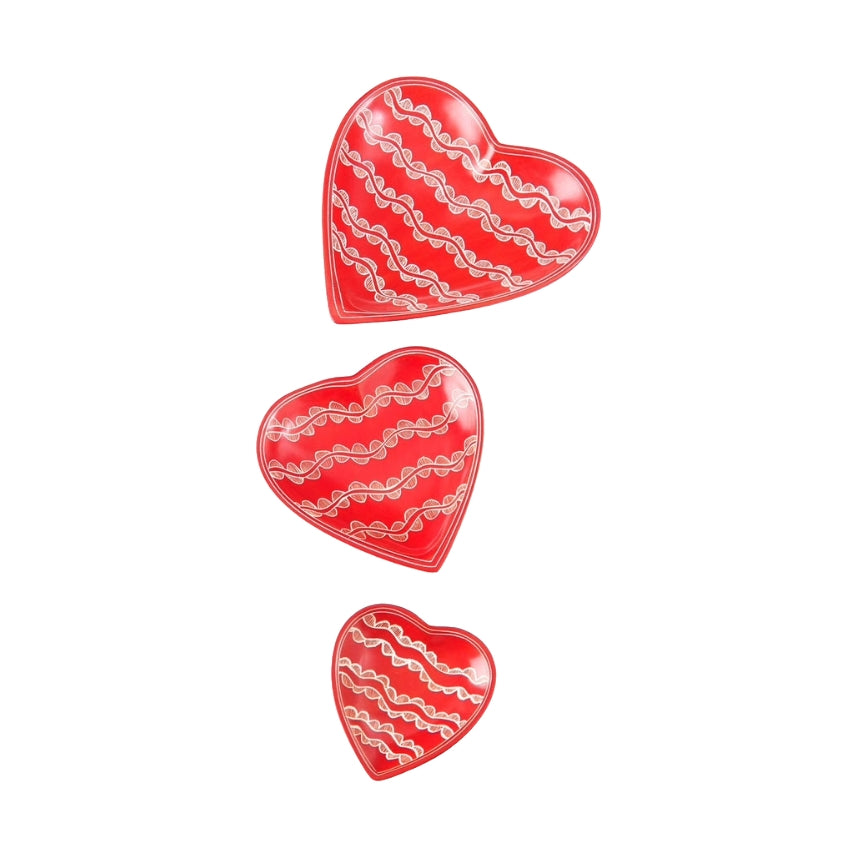 Set of Three Red Heart Shaped Soapstone Dishes